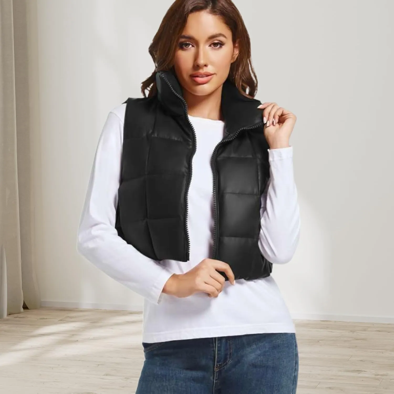 Womens Cropped Puffer Vest Faux Leather Winter Warm Padded Vest Lightweight Sleeveless Outerwear Gilet
