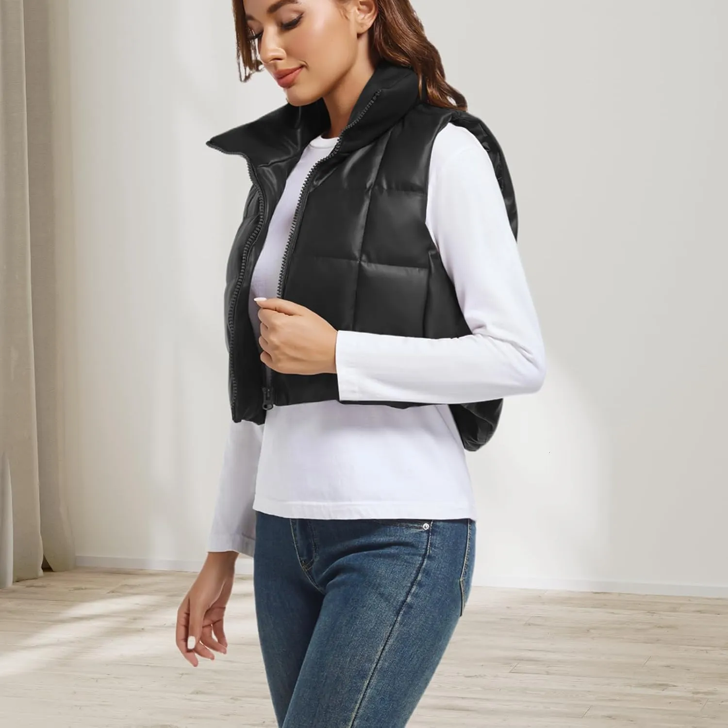 Womens Cropped Puffer Vest Faux Leather Winter Warm Padded Vest Lightweight Sleeveless Outerwear Gilet