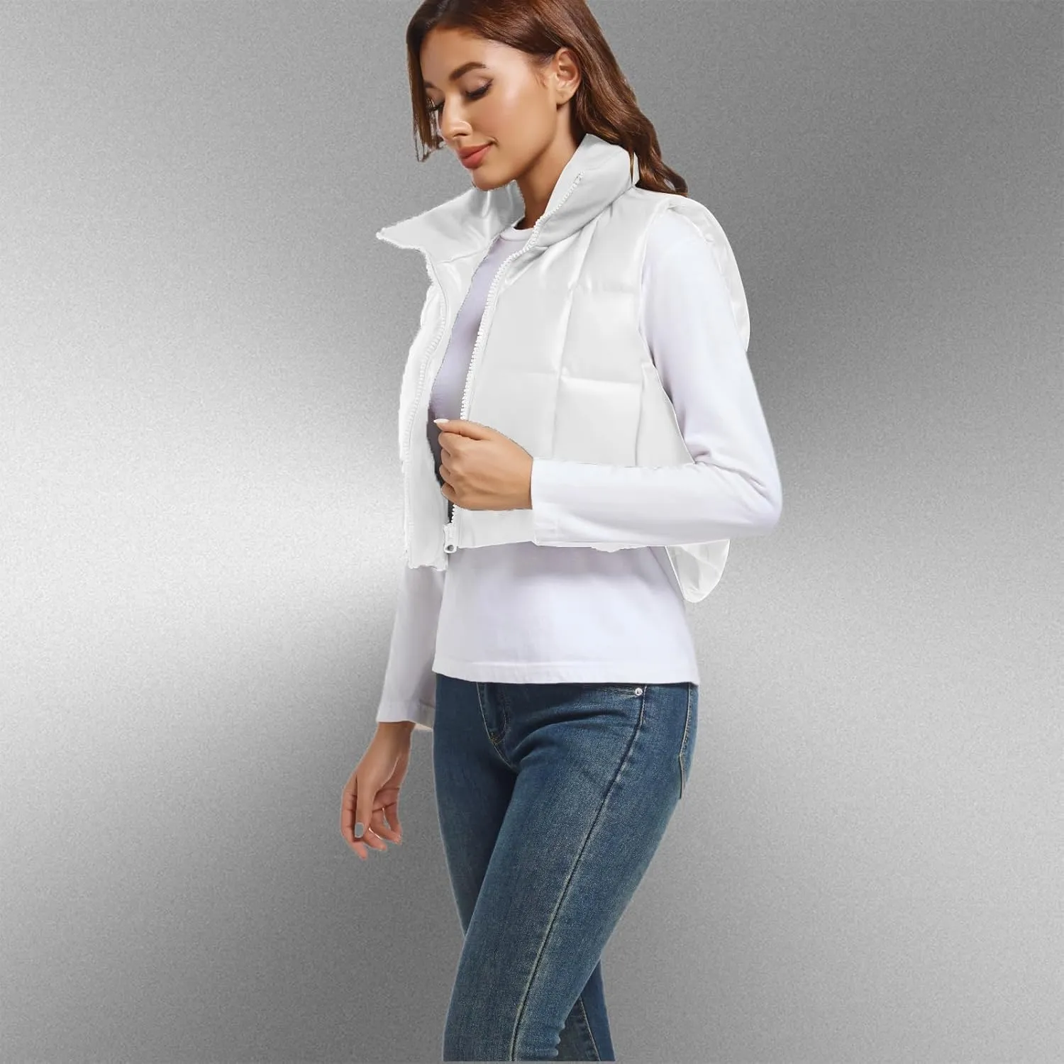 Womens Cropped Puffer Vest Faux Leather Winter Warm Padded Vest Lightweight Sleeveless Outerwear Gilet