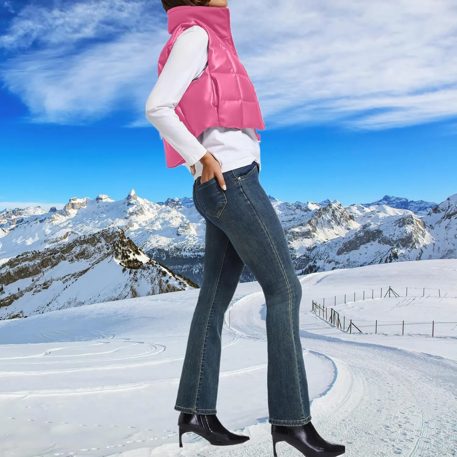 Womens Cropped Puffer Vest Faux Leather Winter Warm Padded Vest Lightweight Sleeveless Outerwear Gilet