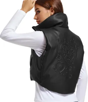 Womens Cropped Puffer Vest Faux Leather Winter Warm Padded Vest Lightweight Sleeveless Outerwear Gilet