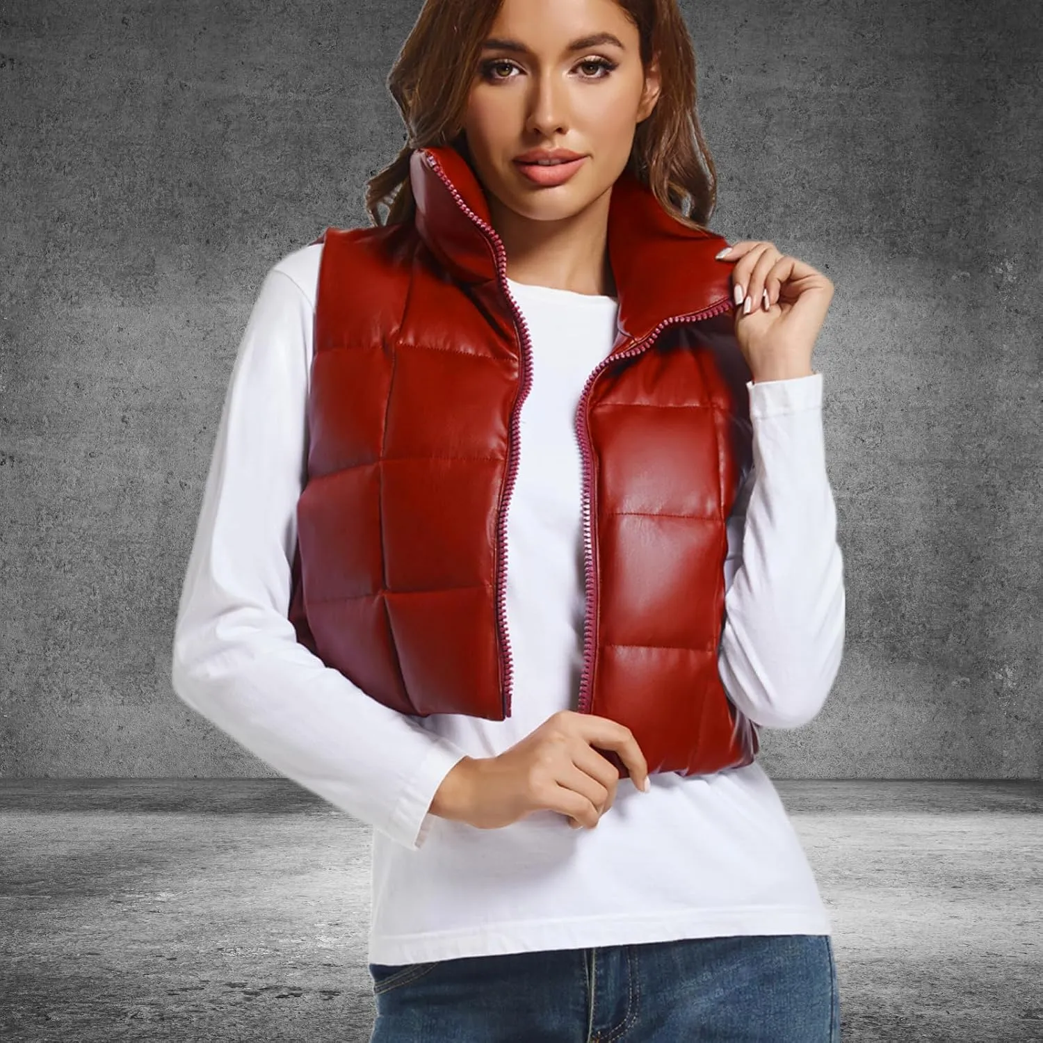Womens Cropped Puffer Vest Faux Leather Winter Warm Padded Vest Lightweight Sleeveless Outerwear Gilet