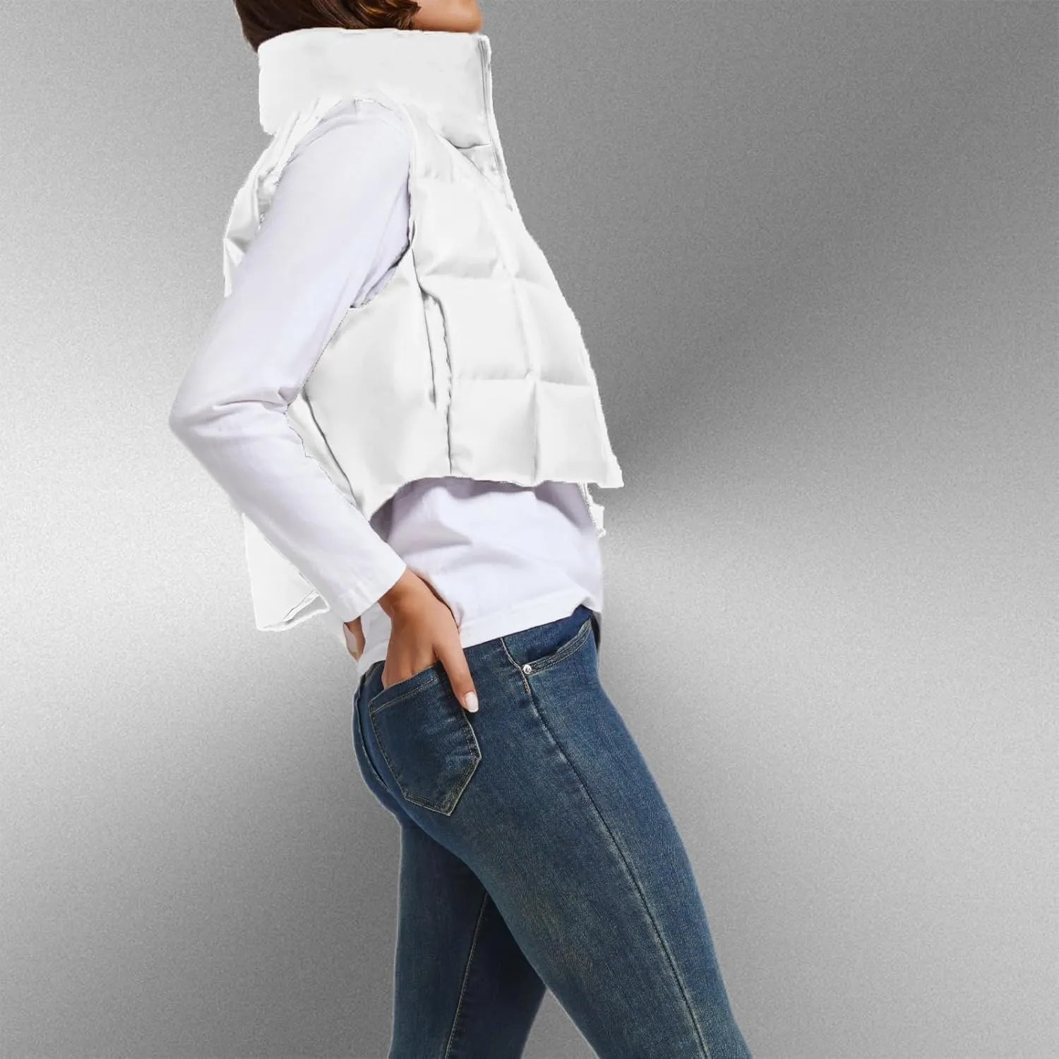 Womens Cropped Puffer Vest Faux Leather Winter Warm Padded Vest Lightweight Sleeveless Outerwear Gilet