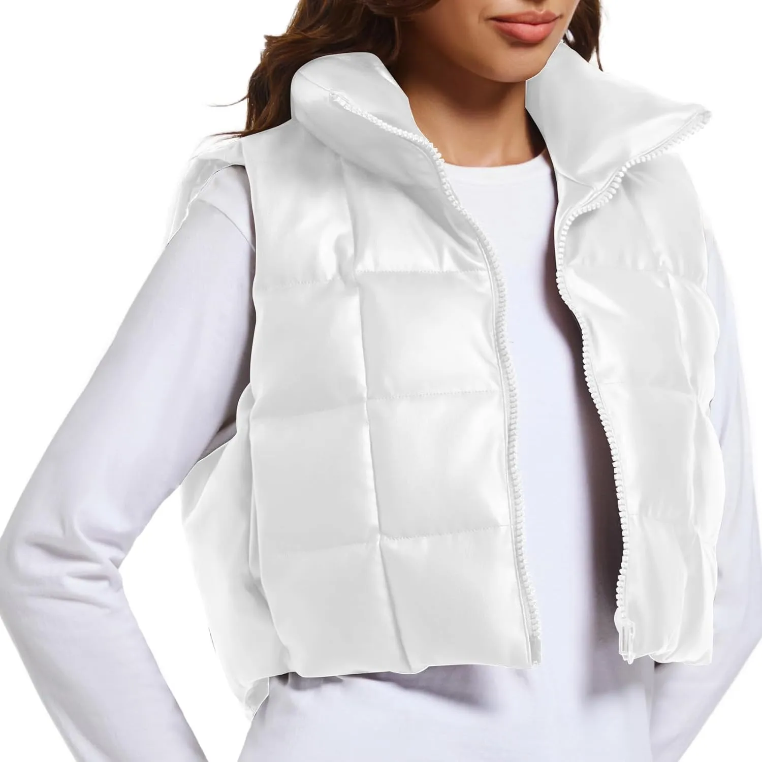 Womens Cropped Puffer Vest Faux Leather Winter Warm Padded Vest Lightweight Sleeveless Outerwear Gilet