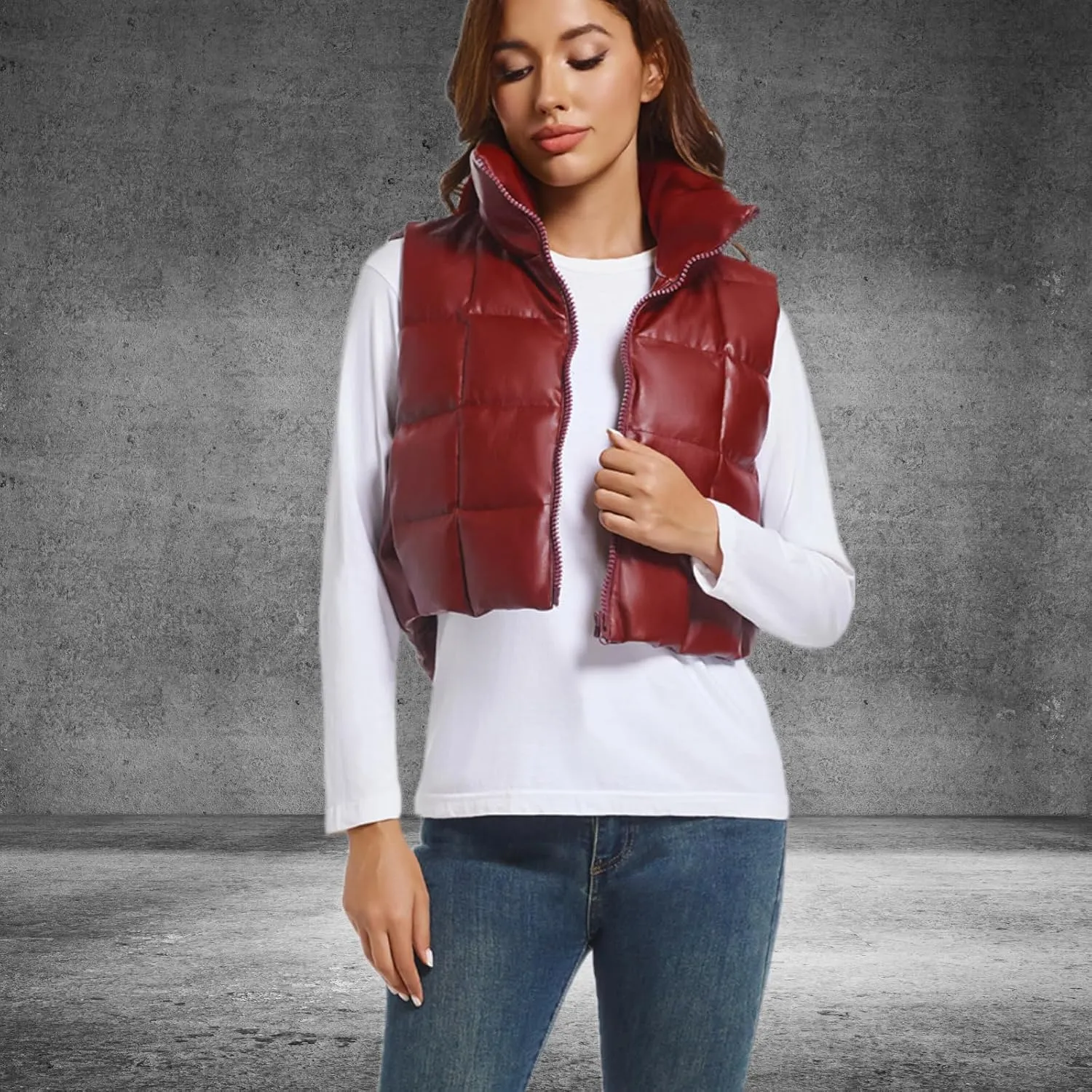Womens Cropped Puffer Vest Faux Leather Winter Warm Padded Vest Lightweight Sleeveless Outerwear Gilet