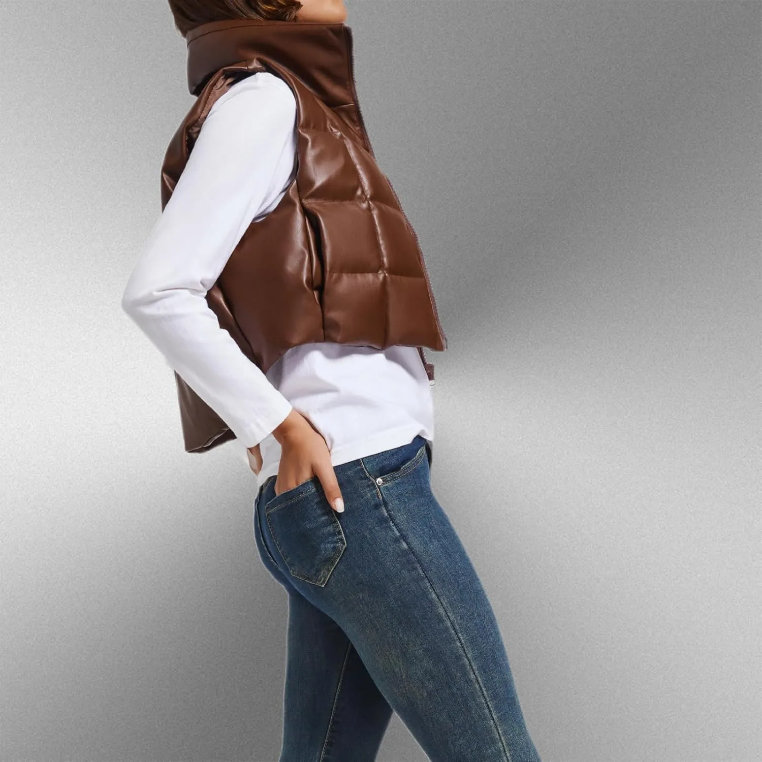 Womens Cropped Puffer Vest Faux Leather Winter Warm Padded Vest Lightweight Sleeveless Outerwear Gilet
