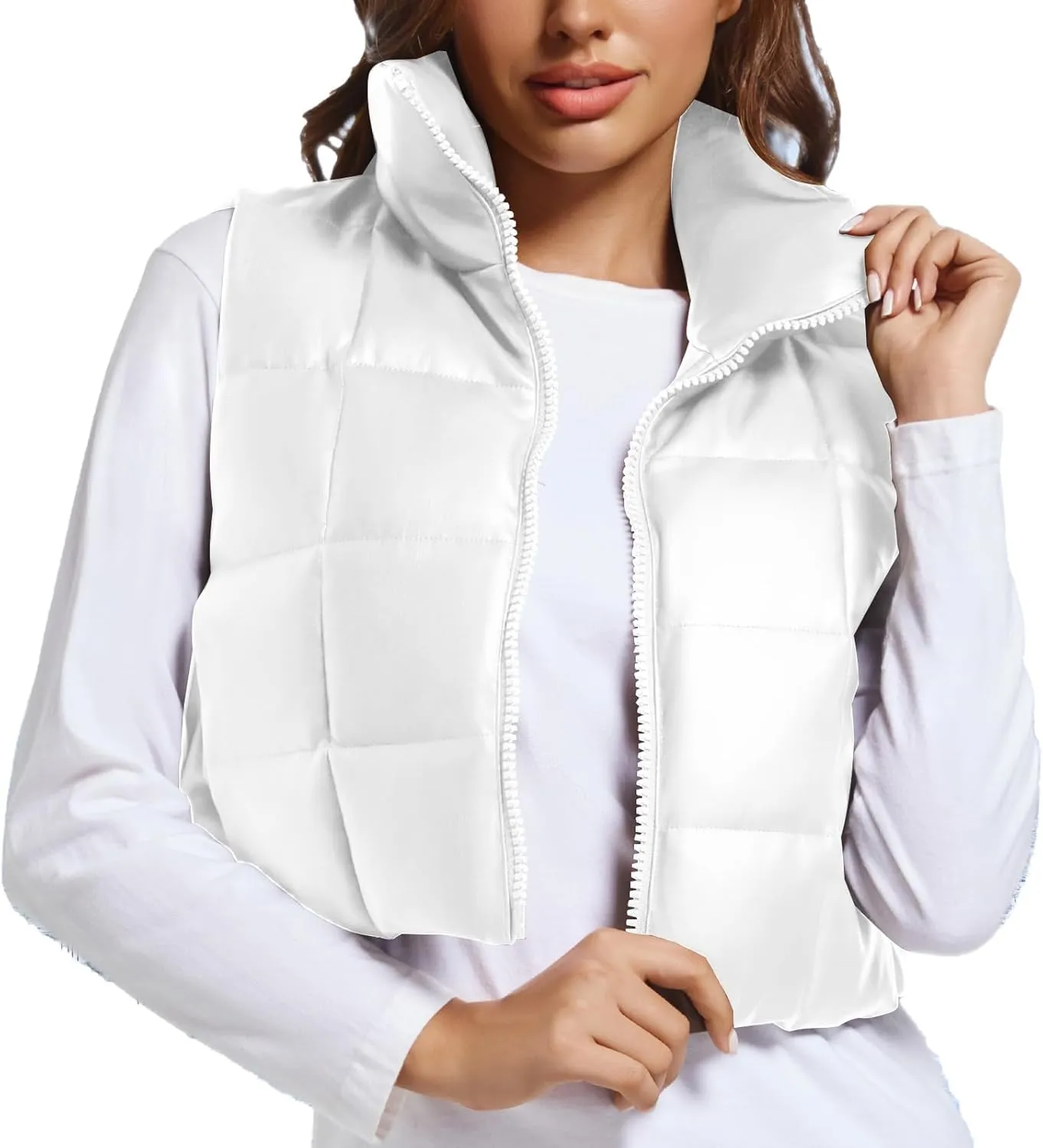 Womens Cropped Puffer Vest Faux Leather Winter Warm Padded Vest Lightweight Sleeveless Outerwear Gilet
