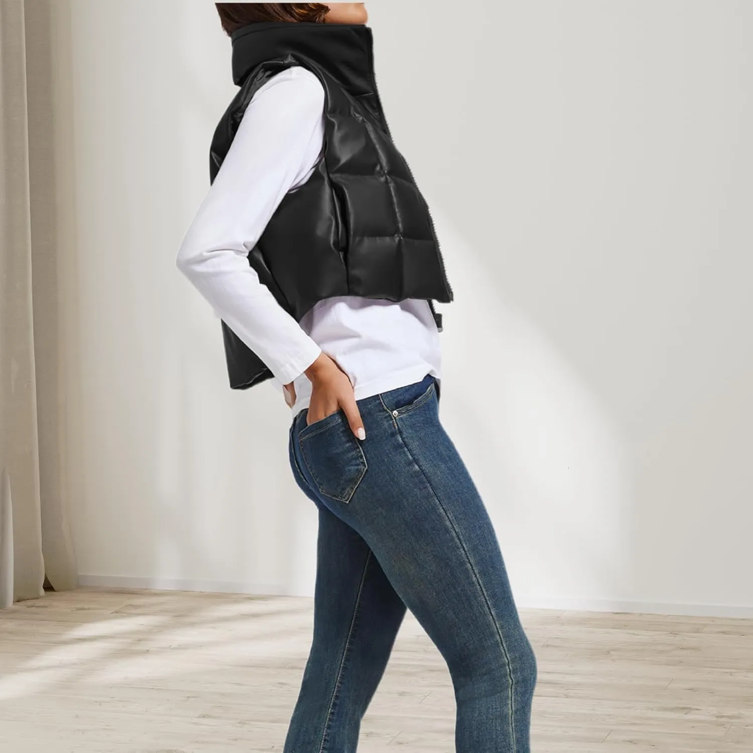 Womens Cropped Puffer Vest Faux Leather Winter Warm Padded Vest Lightweight Sleeveless Outerwear Gilet