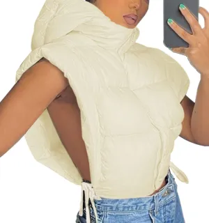 Women's Cropped Puffer Vest Tie Sleeveless Zip Up Hoodies Coats Filled Fluffy Bread Waistcoats Outerwear