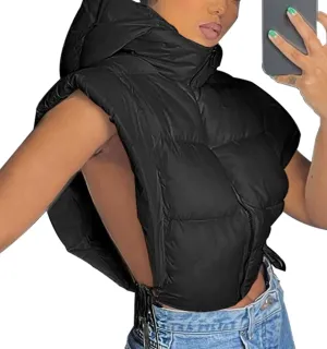 Women's Cropped Puffer Vest Tie Sleeveless Zip Up Hoodies Coats Filled Fluffy Bread Waistcoats Outerwear