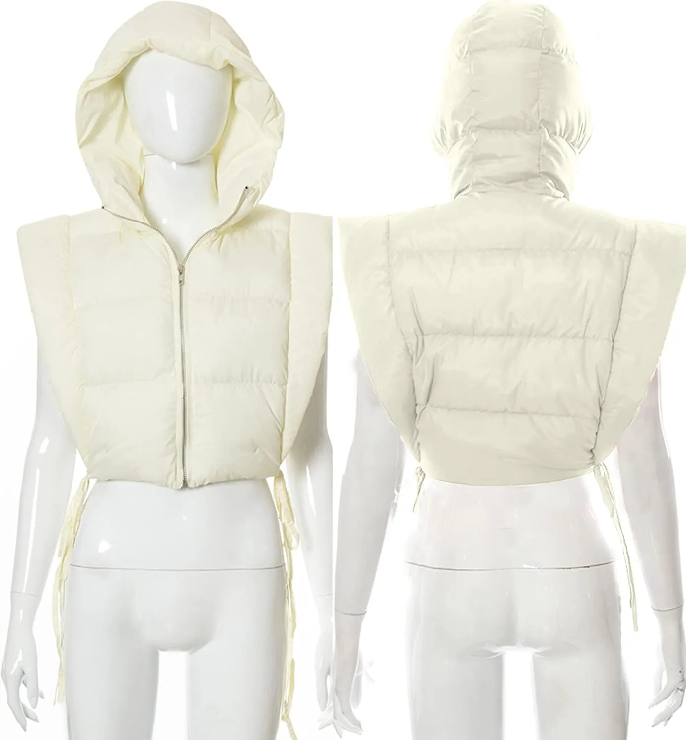 Women's Cropped Puffer Vest Tie Sleeveless Zip Up Hoodies Coats Filled Fluffy Bread Waistcoats Outerwear