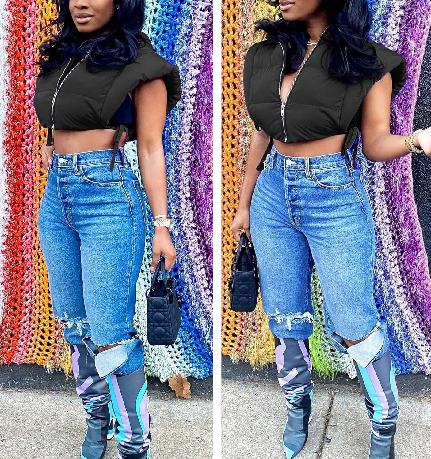Women's Cropped Puffer Vest Tie Sleeveless Zip Up Hoodies Coats Filled Fluffy Bread Waistcoats Outerwear