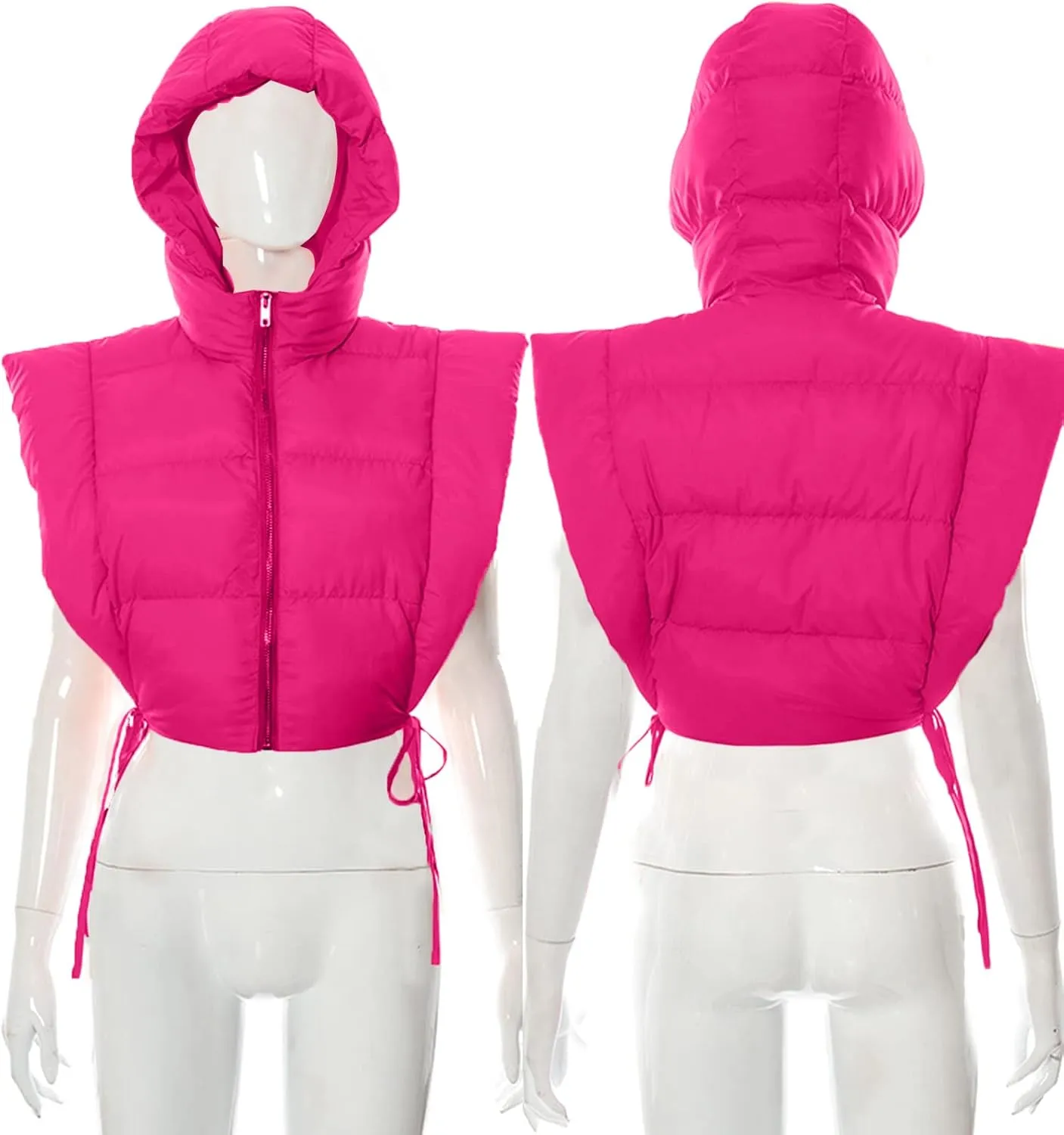 Women's Cropped Puffer Vest Tie Sleeveless Zip Up Hoodies Coats Filled Fluffy Bread Waistcoats Outerwear