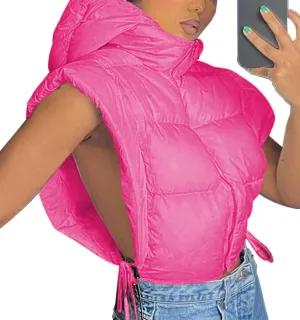 Women's Cropped Puffer Vest Tie Sleeveless Zip Up Hoodies Coats Filled Fluffy Bread Waistcoats Outerwear