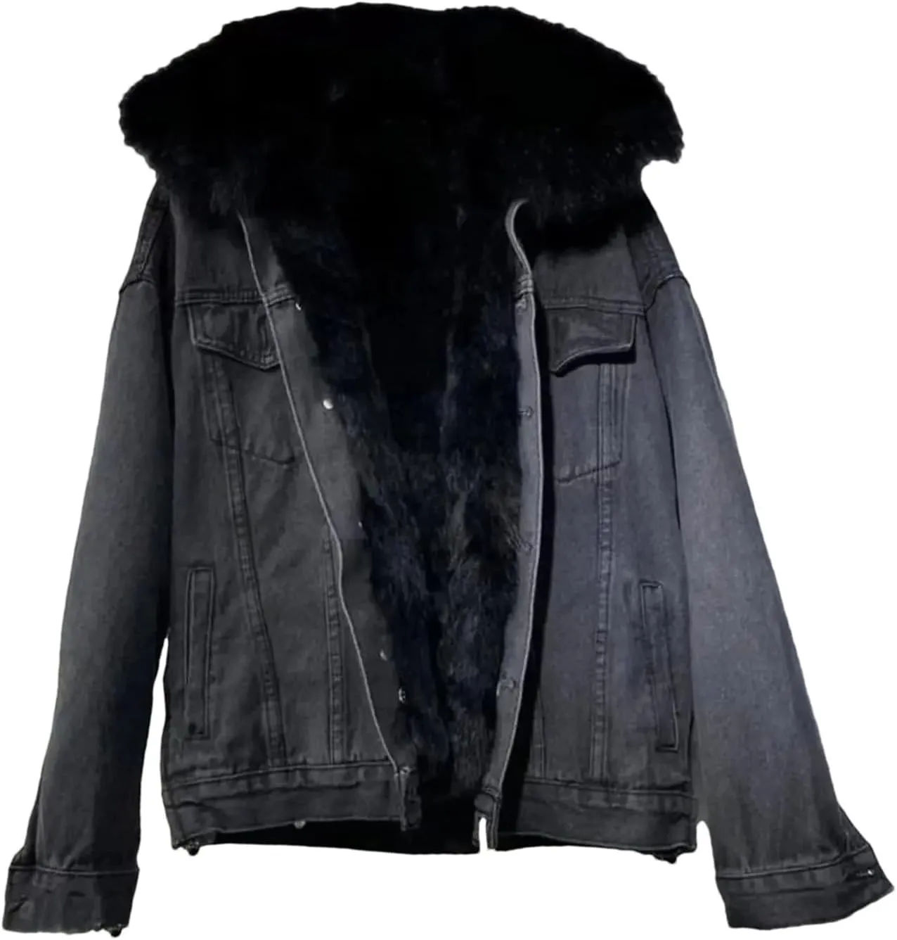 Women's Denim Jacket Thickened Cotton Padded Short Coat Loose Fashion Fur Collar Jean Coats