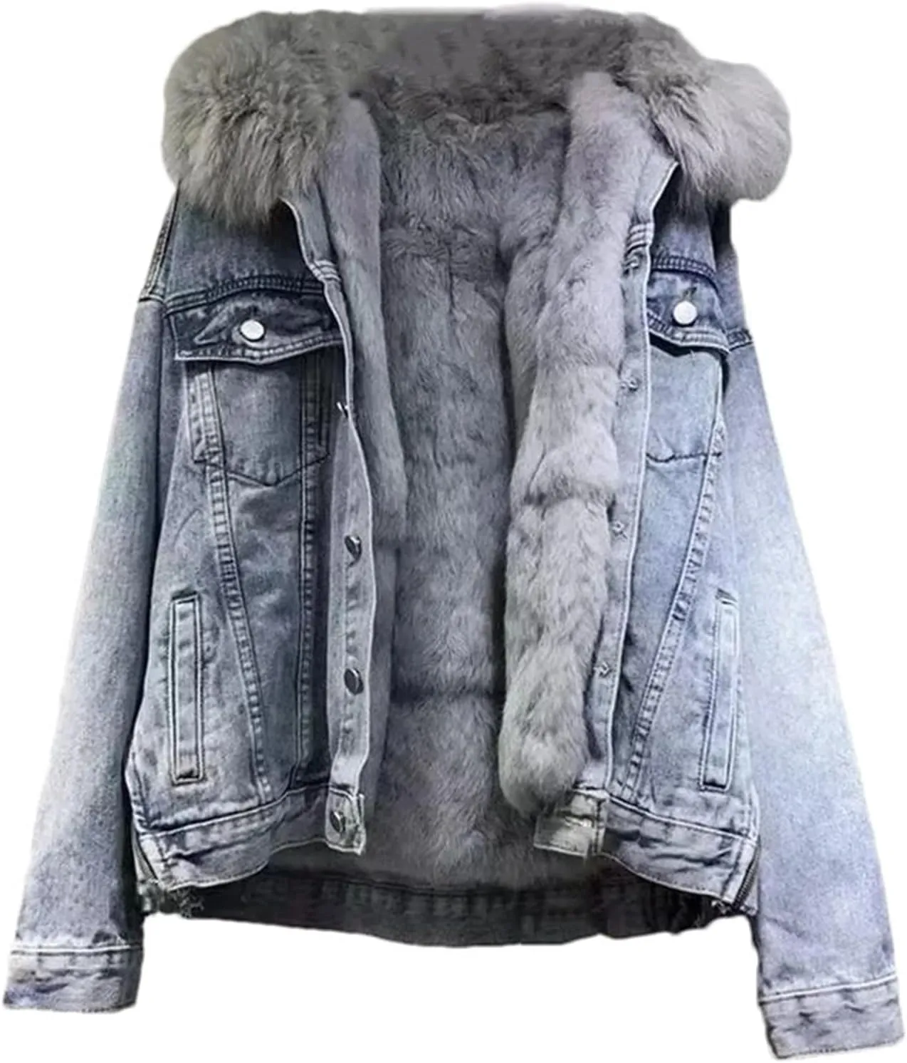 Women's Denim Jacket Thickened Cotton Padded Short Coat Loose Fashion Fur Collar Jean Coats