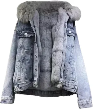 Women's Denim Jacket Thickened Cotton Padded Short Coat Loose Fashion Fur Collar Jean Coats