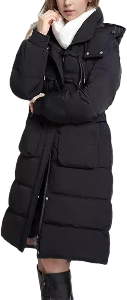 Women's Drawstring Button Long Parkas Coats Vintage Warm Hooded Pocket Cotton-Padded Jacket
