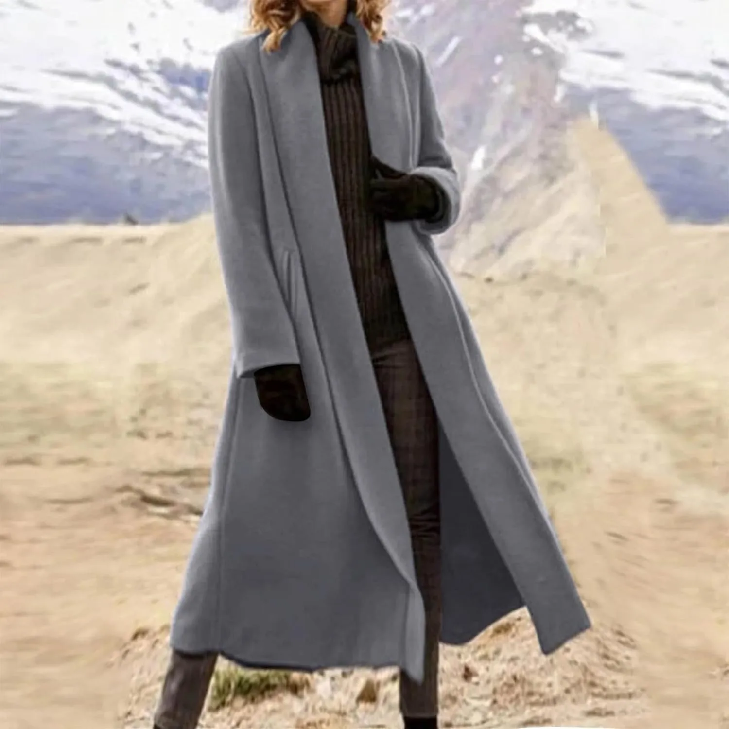 Women's Elegant Trench Coat with Pockets Winter Notch Collar Open Front Long Jacket Ladies Fashion Pea Coats 2024