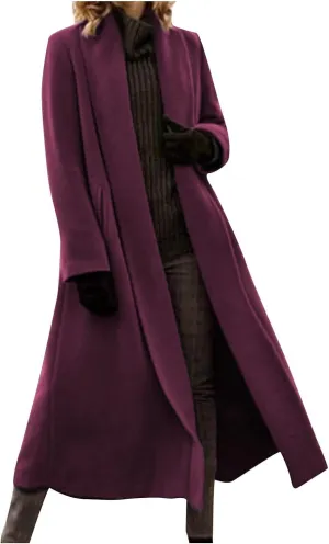 Women's Elegant Trench Coat with Pockets Winter Notch Collar Open Front Long Jacket Ladies Fashion Pea Coats 2024