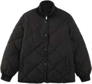 Women's Fake Two Pieces Short Parkas Coats Vintage Knitted High Collar Button Cotton-Padded Jacket