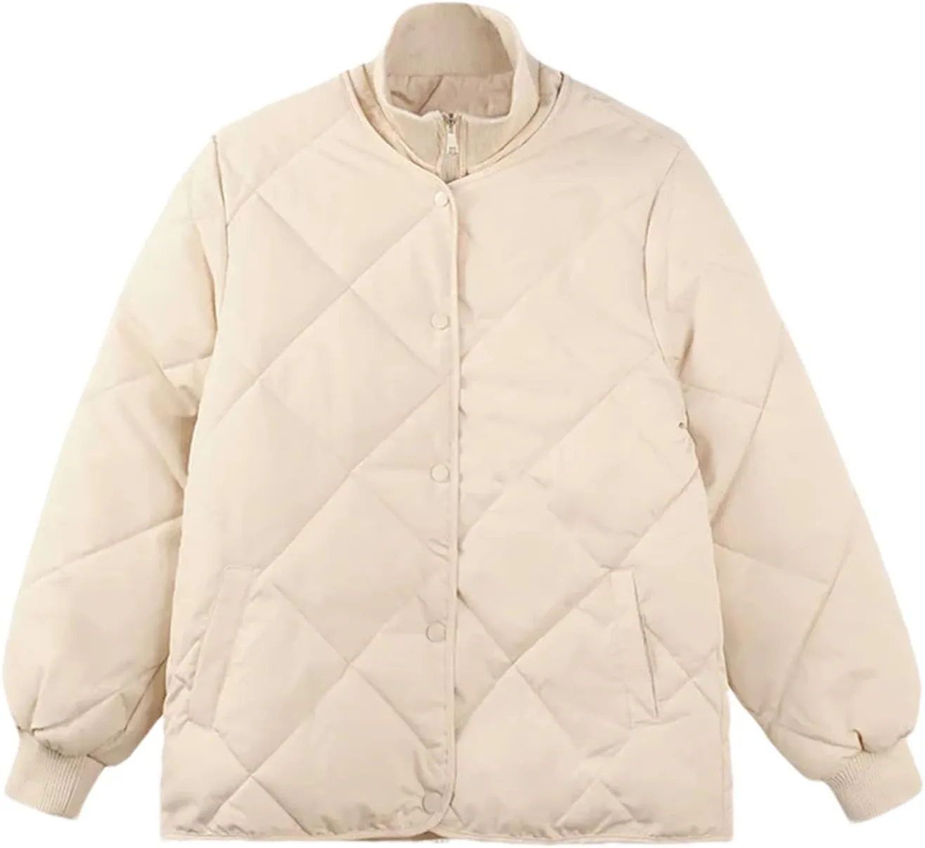 Women's Fake Two Pieces Short Parkas Coats Vintage Knitted High Collar Button Cotton-Padded Jacket