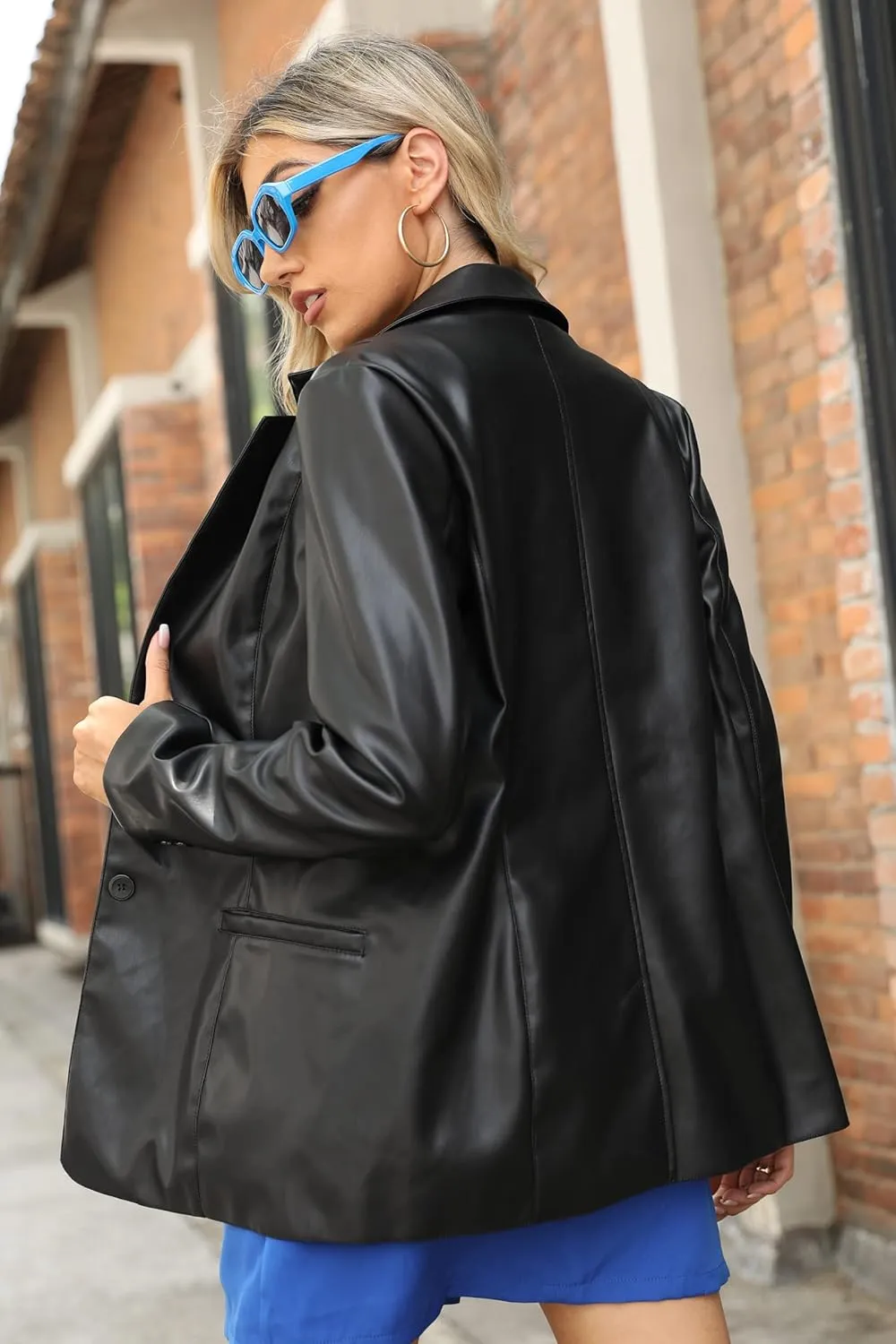 Women's Faux Leather Blazer Jacket Snap Buttons Casual Leather Shacket Jacket for Women Spring Fall