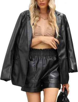Women's Faux Leather Blazer Jacket Snap Buttons Casual Leather Shacket Jacket for Women Spring Fall