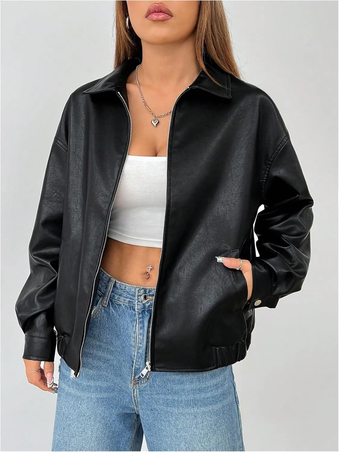 Women's Faux Leather Zip Up Jacket Long Sleeve Drop Shoulder Outerwear Coat