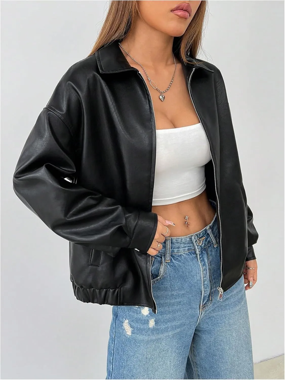 Women's Faux Leather Zip Up Jacket Long Sleeve Drop Shoulder Outerwear Coat