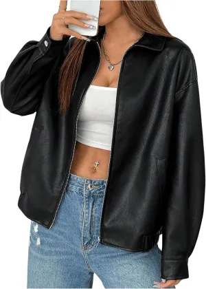 Women's Faux Leather Zip Up Jacket Long Sleeve Drop Shoulder Outerwear Coat