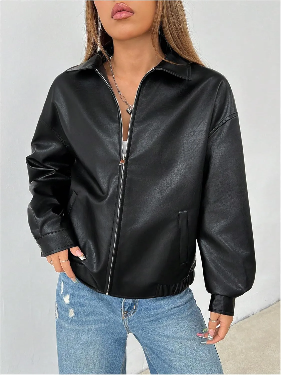 Women's Faux Leather Zip Up Jacket Long Sleeve Drop Shoulder Outerwear Coat