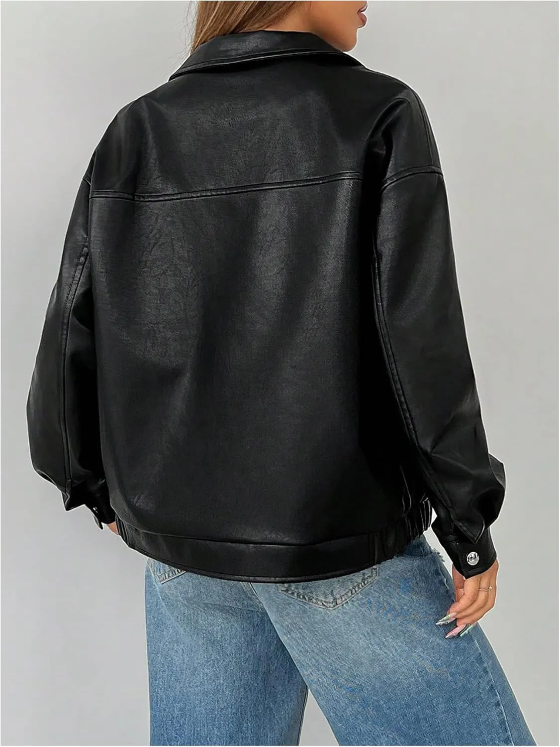 Women's Faux Leather Zip Up Jacket Long Sleeve Drop Shoulder Outerwear Coat