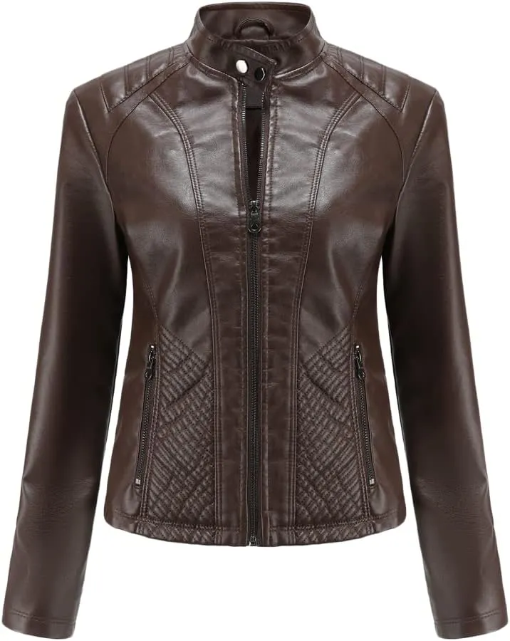 Womens Faux Leather Zip Up Long Sleeve Moto Biker Coat Classic Casual Collar Slim Bomber Short Coat Jackets