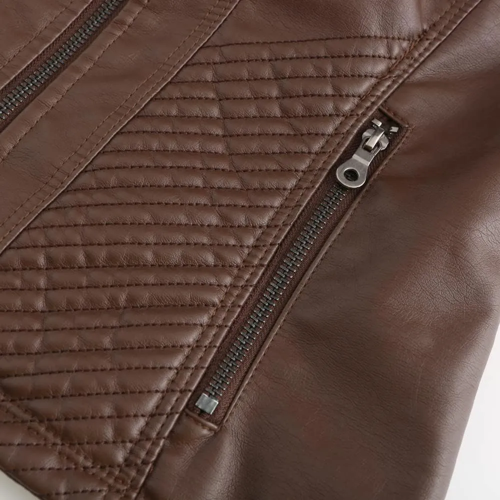Womens Faux Leather Zip Up Long Sleeve Moto Biker Coat Classic Casual Collar Slim Bomber Short Coat Jackets