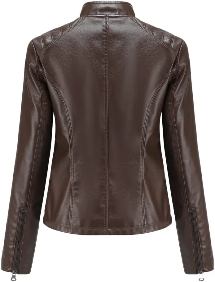 Womens Faux Leather Zip Up Long Sleeve Moto Biker Coat Classic Casual Collar Slim Bomber Short Coat Jackets