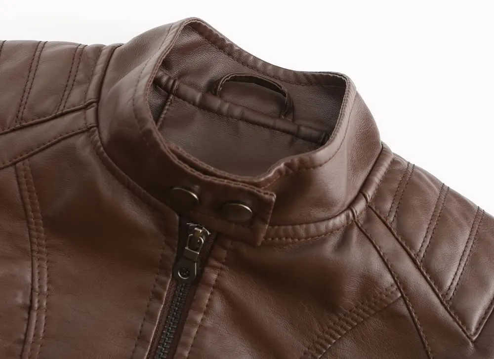 Womens Faux Leather Zip Up Long Sleeve Moto Biker Coat Classic Casual Collar Slim Bomber Short Coat Jackets