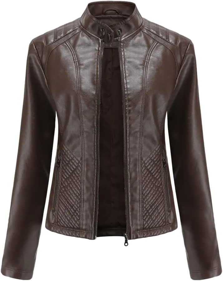 Womens Faux Leather Zip Up Long Sleeve Moto Biker Coat Classic Casual Collar Slim Bomber Short Coat Jackets
