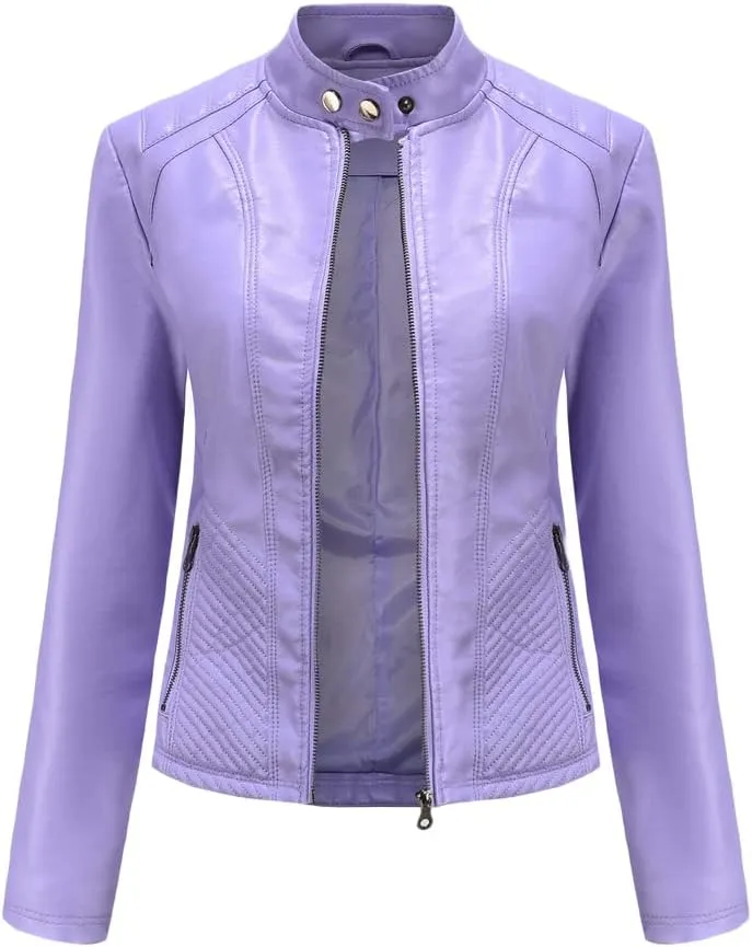 Womens Faux Leather Zip Up Long Sleeve Moto Biker Coat Classic Casual Collar Slim Bomber Short Coat Jackets