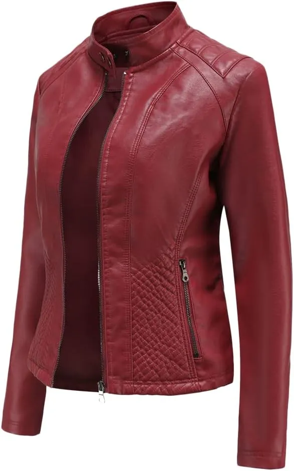 Womens Faux Leather Zip Up Long Sleeve Moto Biker Coat Classic Casual Collar Slim Bomber Short Coat Jackets