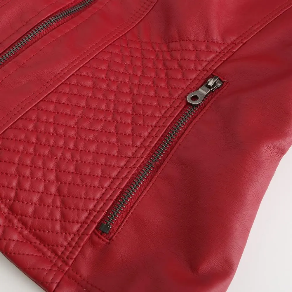 Womens Faux Leather Zip Up Long Sleeve Moto Biker Coat Classic Casual Collar Slim Bomber Short Coat Jackets