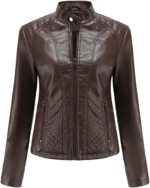 Womens Faux Leather Zip Up Long Sleeve Moto Biker Coat Classic Casual Collar Slim Bomber Short Coat Jackets