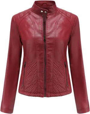 Womens Faux Leather Zip Up Long Sleeve Moto Biker Coat Classic Casual Collar Slim Bomber Short Coat Jackets