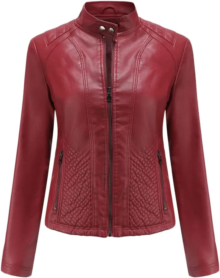 Womens Faux Leather Zip Up Long Sleeve Moto Biker Coat Classic Casual Collar Slim Bomber Short Coat Jackets