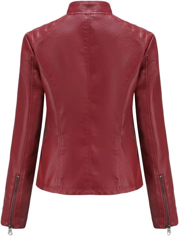 Womens Faux Leather Zip Up Long Sleeve Moto Biker Coat Classic Casual Collar Slim Bomber Short Coat Jackets