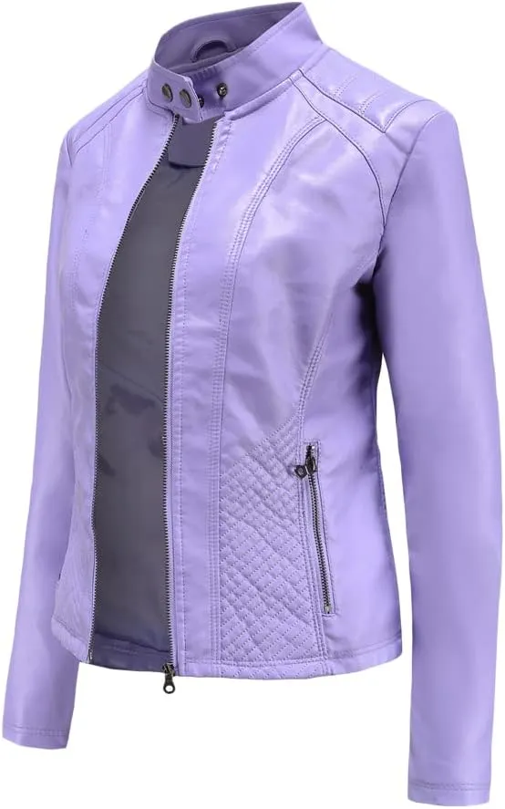Womens Faux Leather Zip Up Long Sleeve Moto Biker Coat Classic Casual Collar Slim Bomber Short Coat Jackets