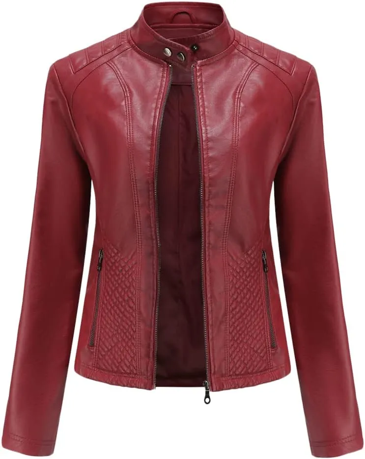 Womens Faux Leather Zip Up Long Sleeve Moto Biker Coat Classic Casual Collar Slim Bomber Short Coat Jackets