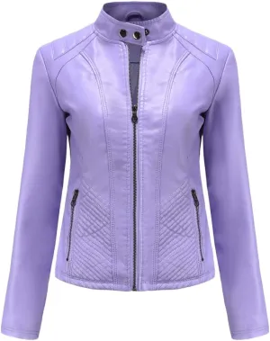 Womens Faux Leather Zip Up Long Sleeve Moto Biker Coat Classic Casual Collar Slim Bomber Short Coat Jackets