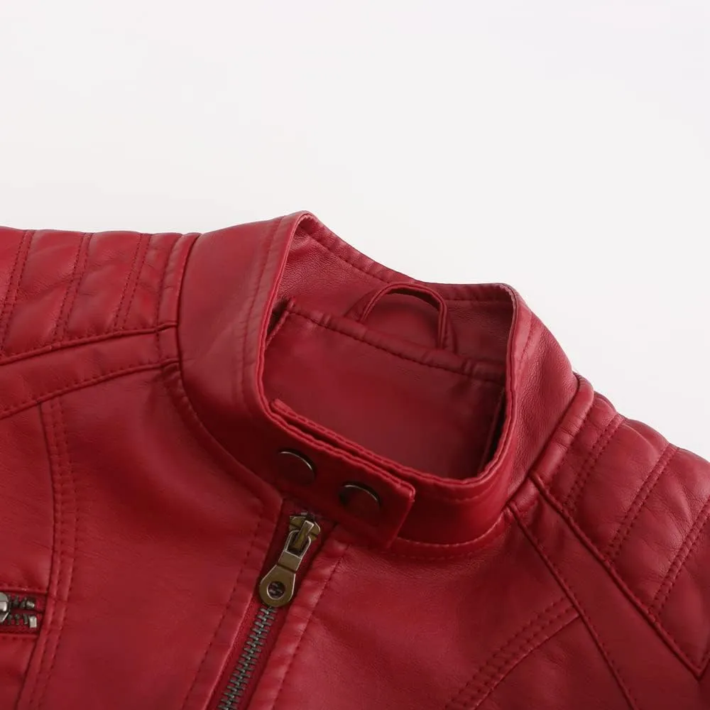 Womens Faux Leather Zip Up Long Sleeve Moto Biker Coat Classic Casual Collar Slim Bomber Short Coat Jackets
