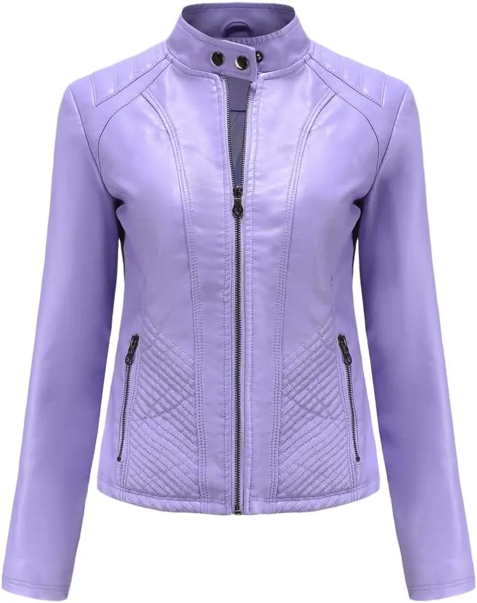 Womens Faux Leather Zip Up Long Sleeve Moto Biker Coat Classic Casual Collar Slim Bomber Short Coat Jackets